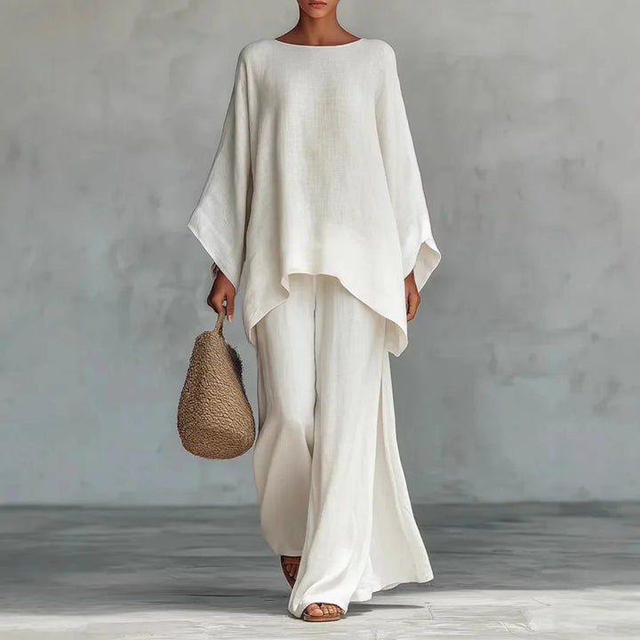 Women's relaxed linen blend two-piece set, perfect for comfortable summer wear and resort outfits.