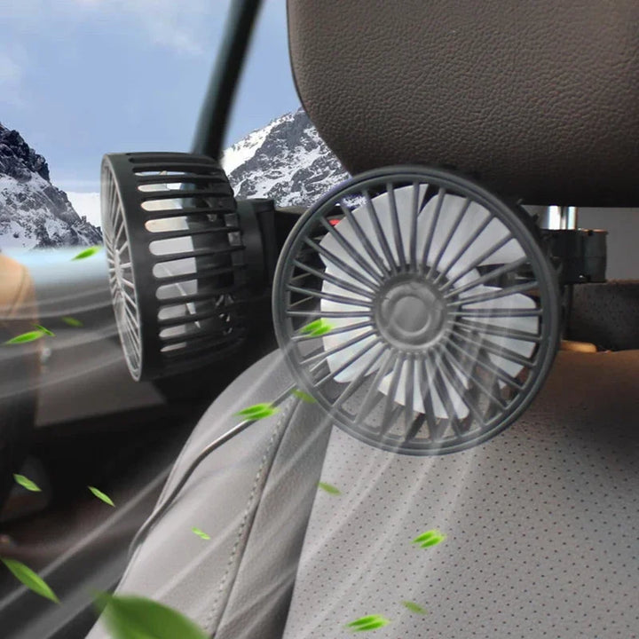 Dual-head USB car fan with 360° rotation, 3 speeds for customizable vehicle cooling and summer comfort.