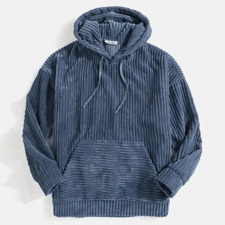 Men's relaxed fit corduroy hoodie, stylish pullover for fall & winter casual wear. Comfortable everyday fashion.