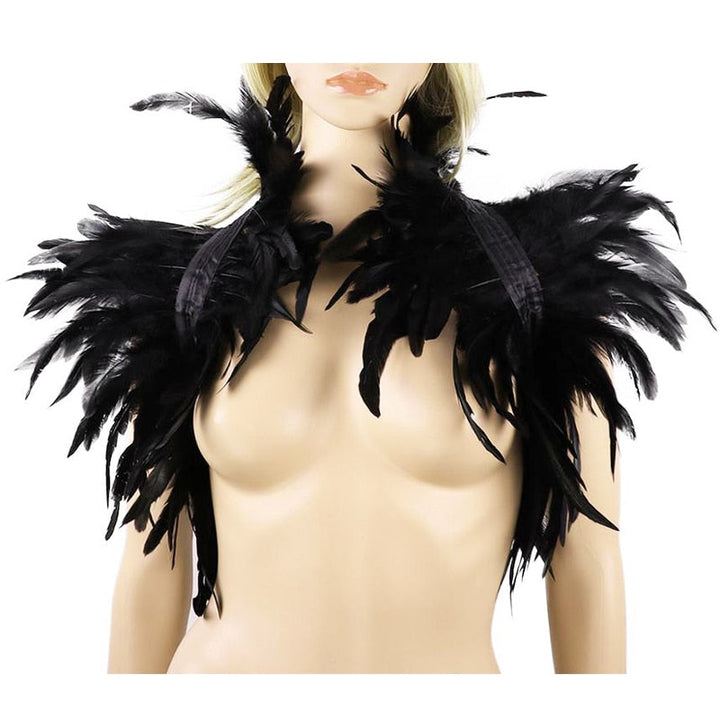 Luxurious feather shoulder wrap, a striking unisex costume accessory for festivals, cosplay, and evening events.