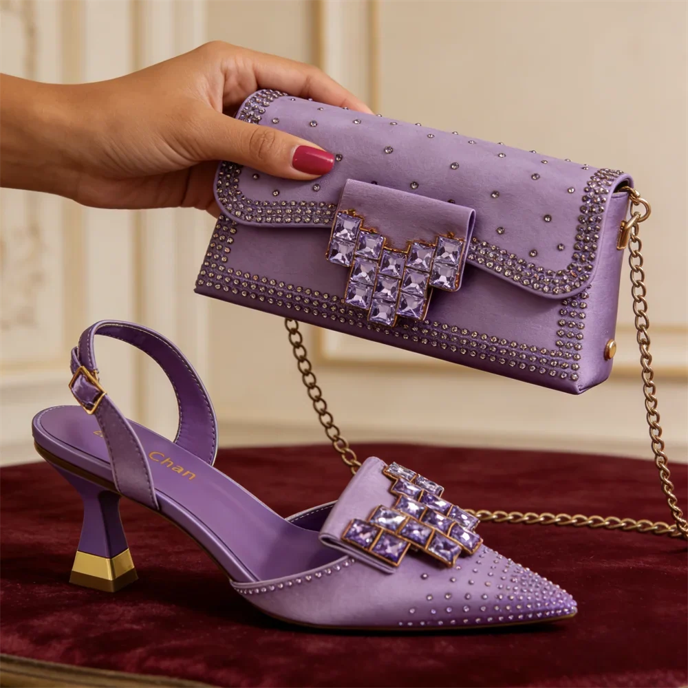 Sparkling pointed toe pumps for women, with matching jeweled clutch, ideal for evening wear & parties.