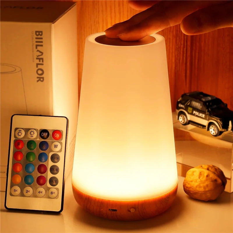 Touch control LED night lamp, dimmable white & RGB colors, portable and USB powered for versatile decor.