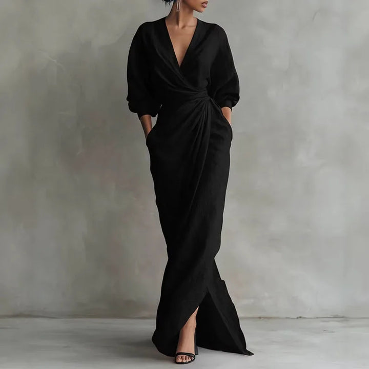 Women's elegant V-neck wrap maxi dress, a slim-fit bodycon style for formal or evening occasions.
