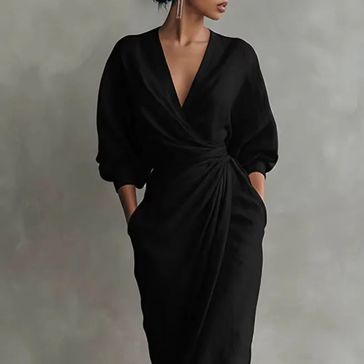 Comfortable yet chic V-neck wrap waist long dress, women's elegant formal or evening attire.