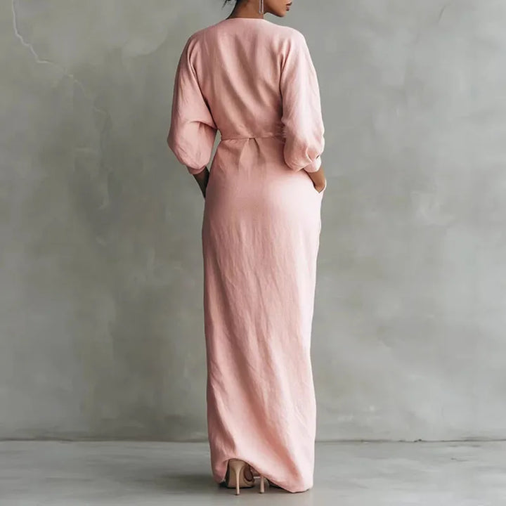 Slim-fit long sleeve V-neck wrap maxi dress for women, ideal for chic casual or party wear.
