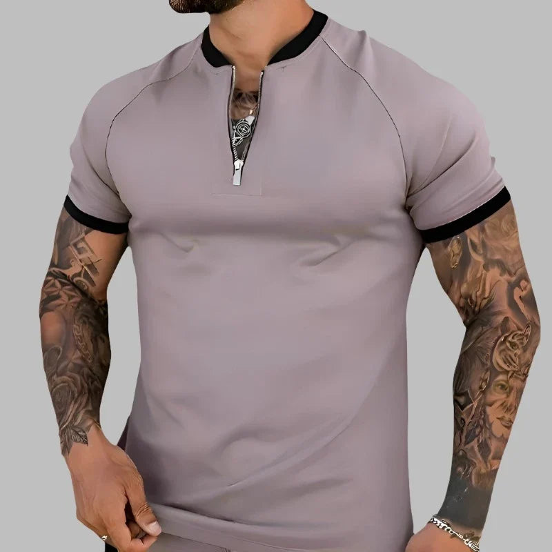 Men's stylish zip shirt with contrasting collar, perfect for modern casual or smart casual looks.