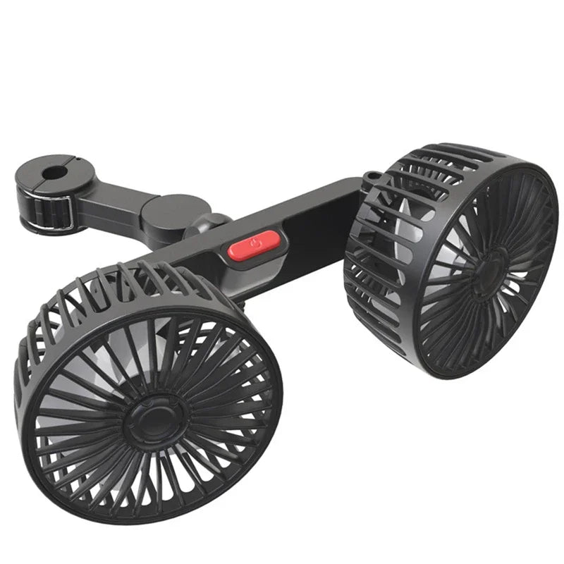 Unisex dual-head USB car fan for efficient vehicle cooling. Features 360° rotation and 3 speeds for summer comfort.