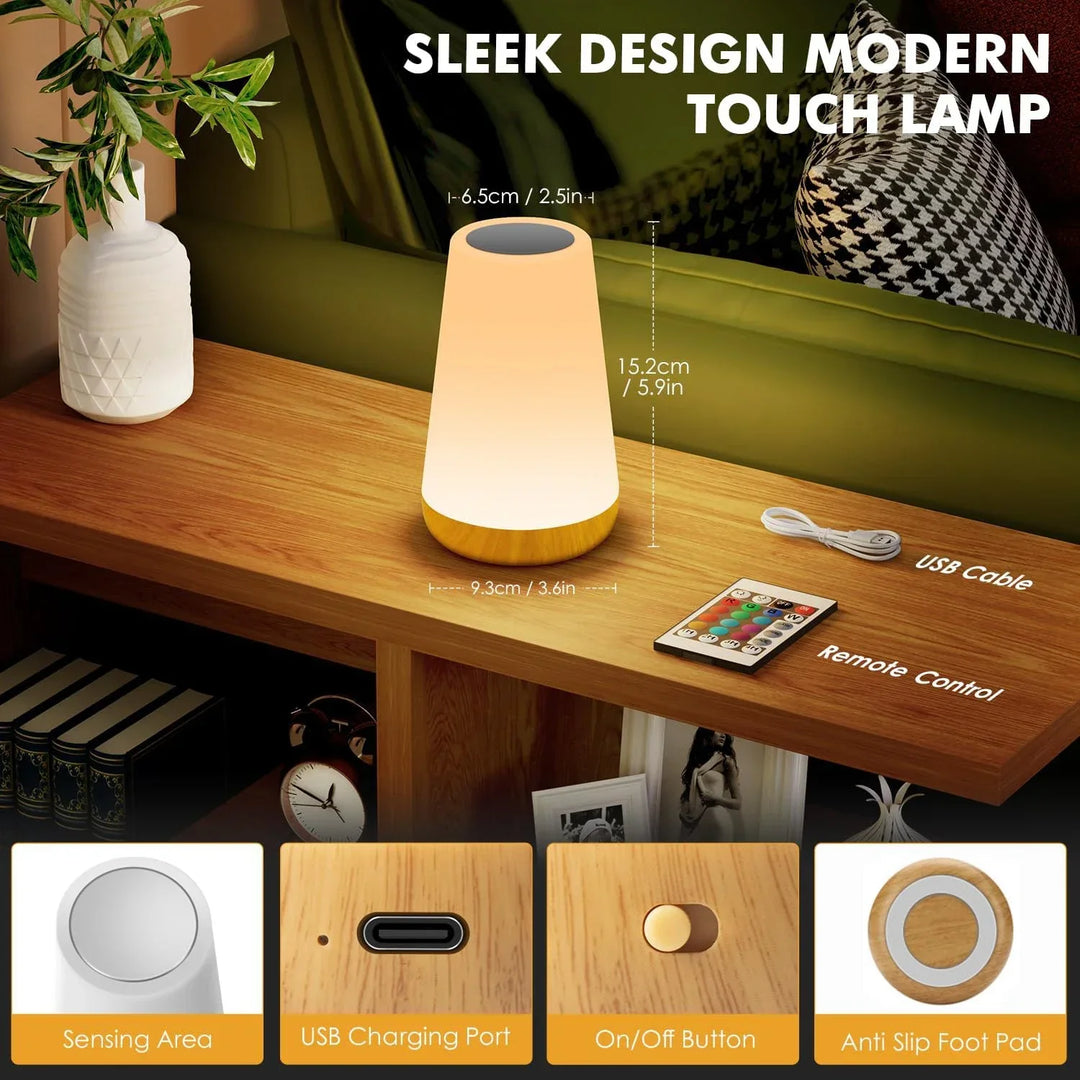 Modern dimmable LED ambient light with touch control, USB rechargeable & portable design.
