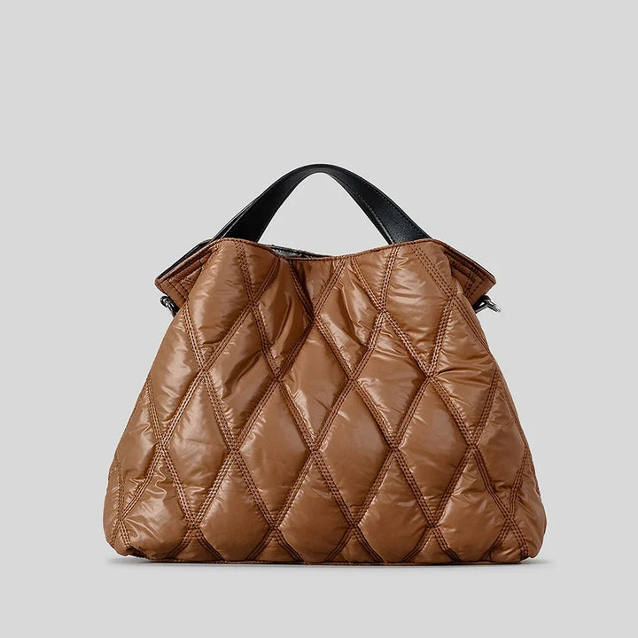 Silver quilted women's tote bag, plush & spacious designer shoulder bag. Elegant everyday carry-all handbag.