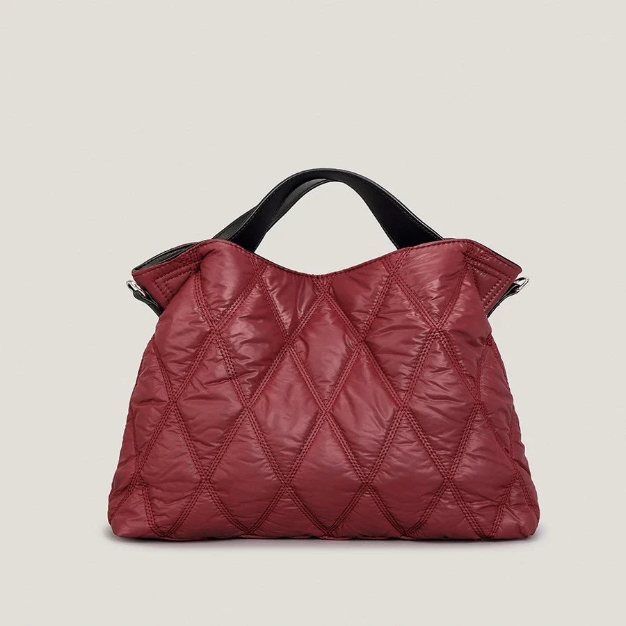 Brown quilted tote bag, plush & spacious women's handbag. Perfect designer style for everyday use.
