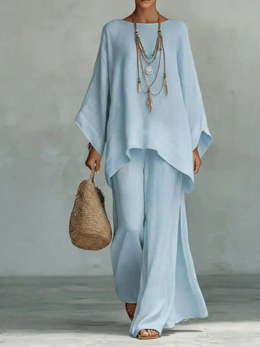 Breathable linen blend relaxed fit two-piece set for women. Perfect comfortable summer and casual wear.