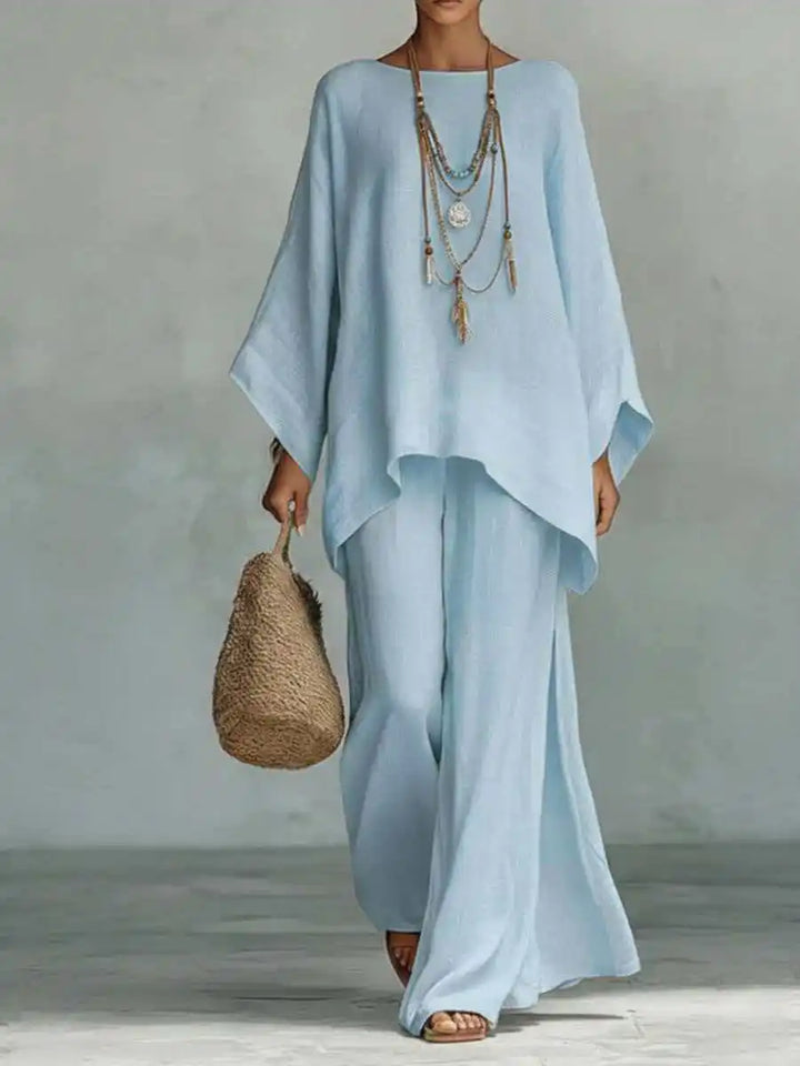 Breathable linen blend relaxed fit two-piece set for women. Perfect comfortable summer and casual wear.