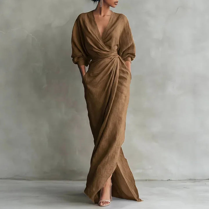 Stylish women's V-neck wrap waist long dress, a versatile elegant choice for formal or casual looks.