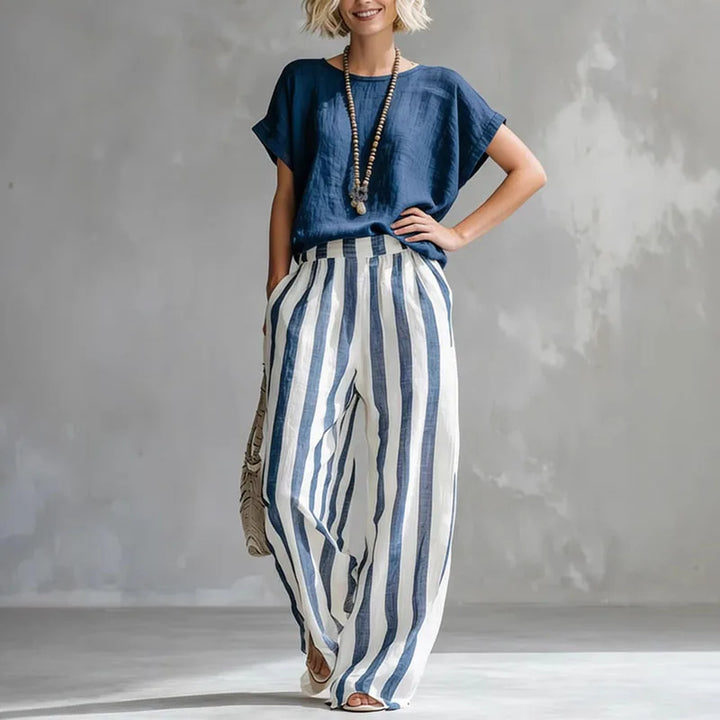 Pure linen women's summer set, a relaxed two-piece outfit with wide-leg pants. Perfect breathable casual loungewear.