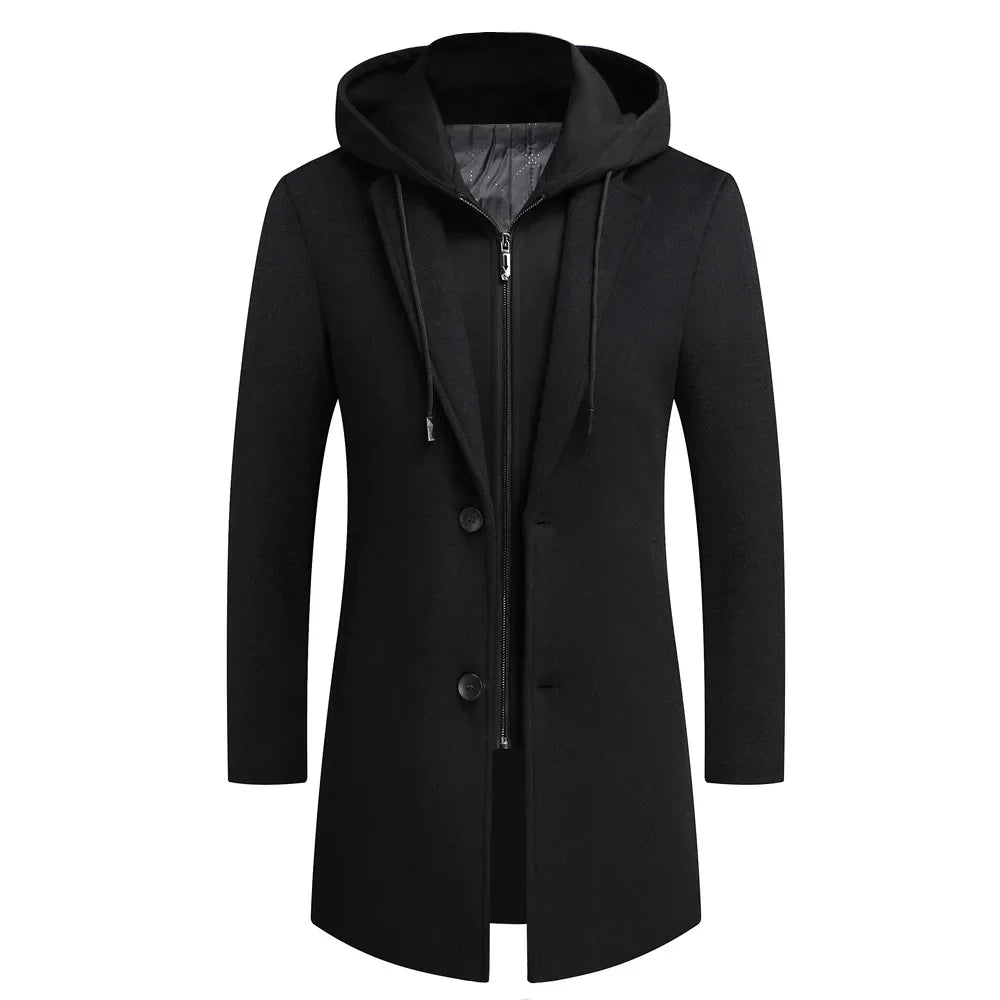 Warm men's retro trench coat, a classic winter overcoat and fall jacket, featuring a detachable hood.
