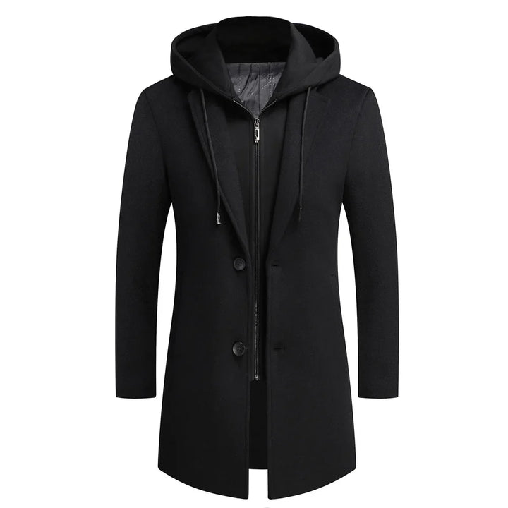 Warm men's retro trench coat, a classic winter overcoat and fall jacket, featuring a detachable hood.