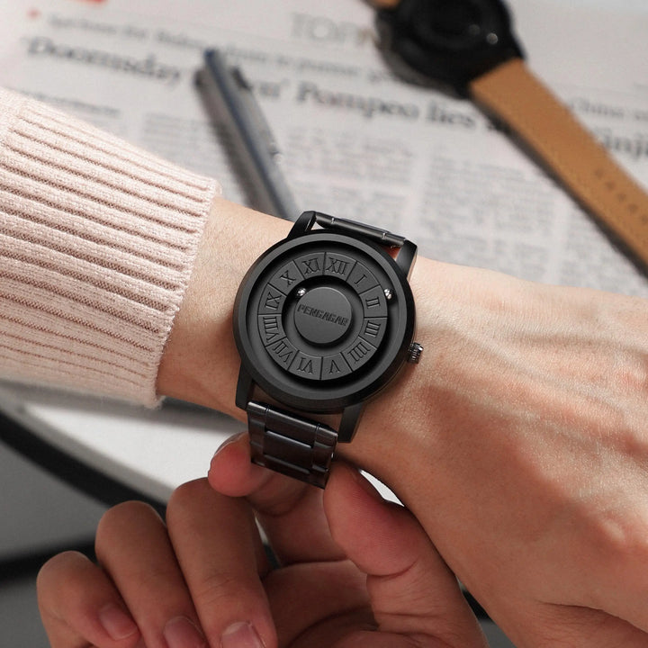 Modern unisex watch. Innovative magnetic scrolling pointers & classic Roman numerals on a sleek black dial.