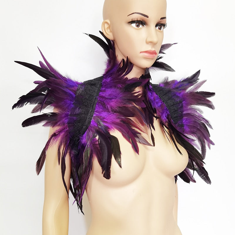Striking feather shoulder wrap, a bold unisex fashion accessory for festivals, cosplay, and evening attire.