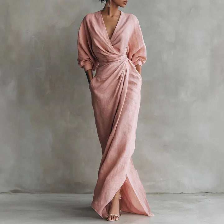 Elegant women's V-neck wrap waist long dress, perfect for formal events & evening parties.