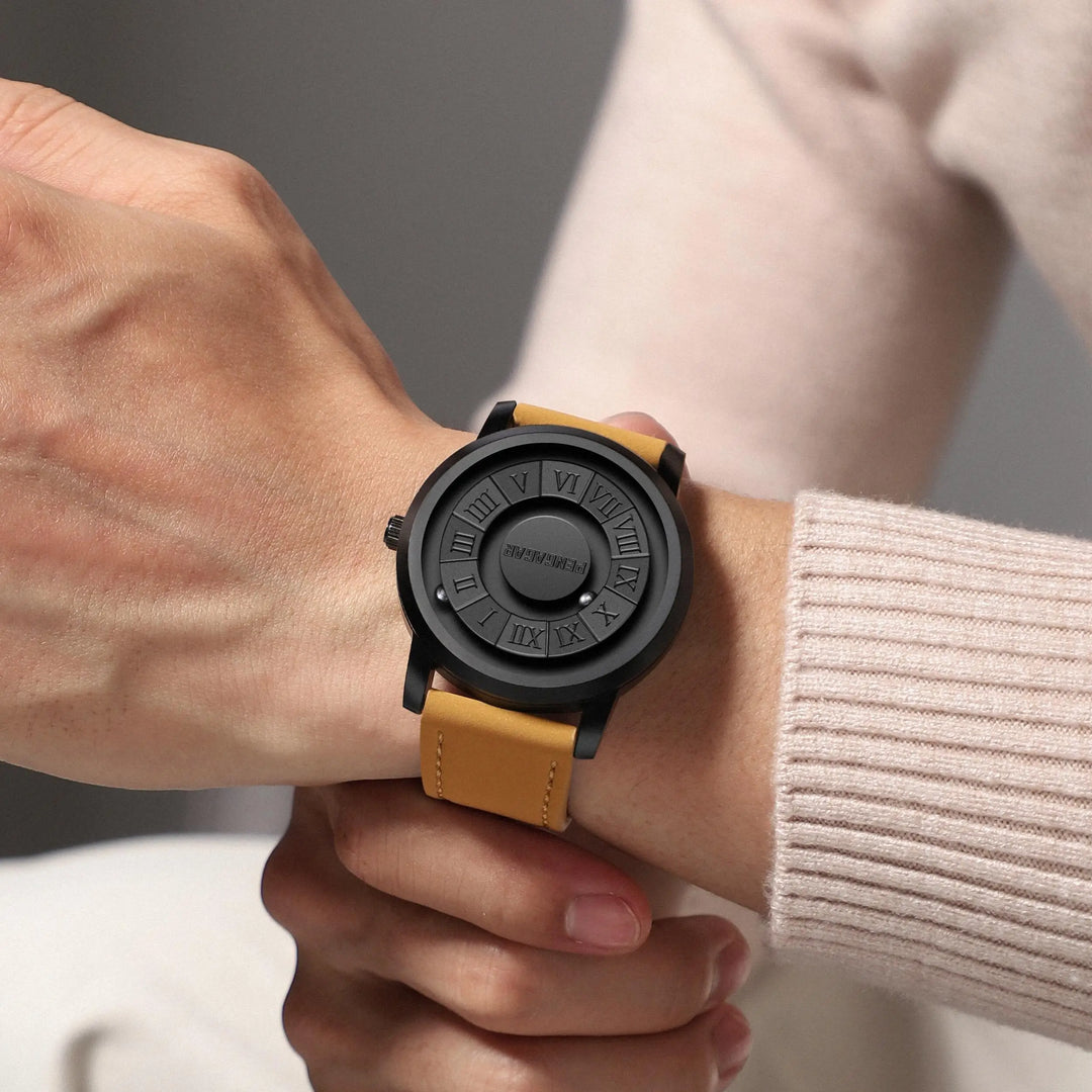 Unique unisex black watch featuring Roman numerals & innovative magnetic scrolling time pointers. Fashion accessory.