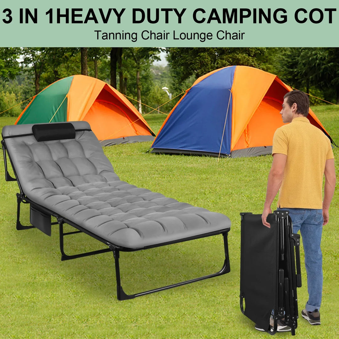 Durable outdoor folding cot with adjustable settings and built-in pillow, excellent for camping, beach, or patio.