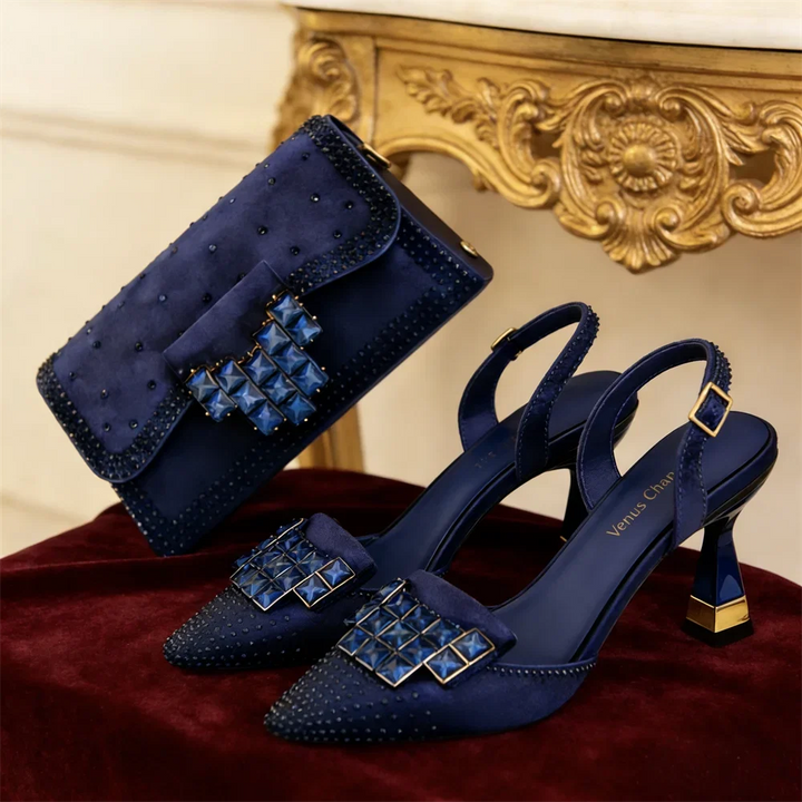 Elegant women's crystal embellished pump and clutch set, perfect for special occasions & formal events.