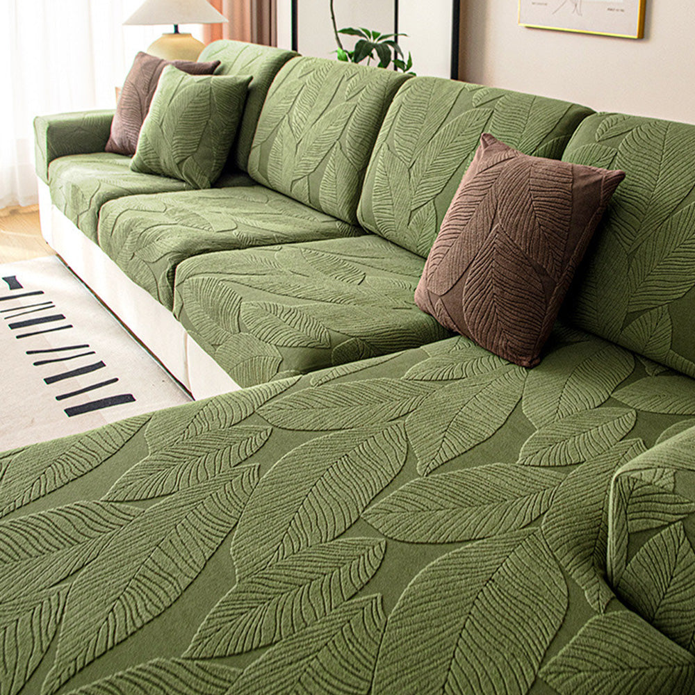 Stylish modern leaf jacquard stretch slipcover. Pet-friendly, water-repellent, anti-scratch sofa protector.