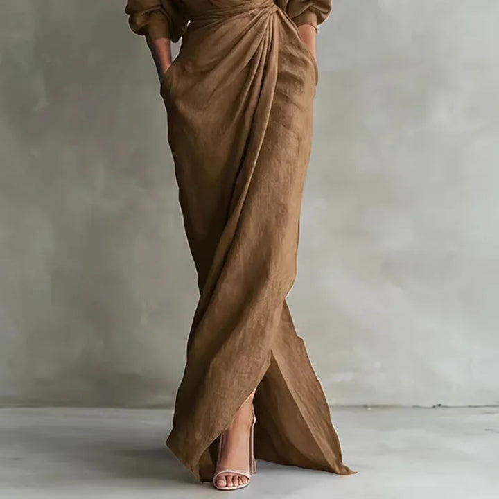 Flattering V-neck wrap waist long dress for women, suitable for elegant evening and party wear.