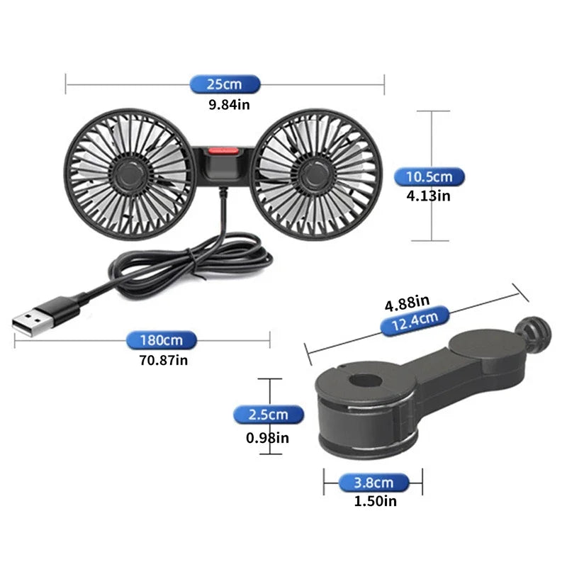 Easy-to-use USB car fan with dual heads and 3 adjustable speeds. Delivers powerful, refreshing vehicle cooling.