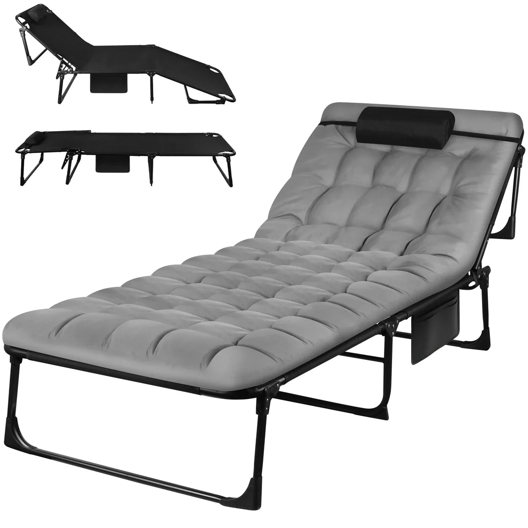 Unisex adjustable outdoor lounge cot, perfect as a portable bed, travel cot, or camping gear with pillow.