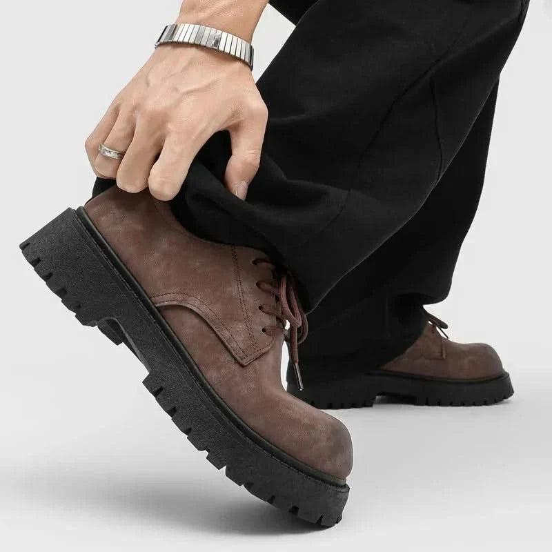 Trendy men's black Derby dress shoes featuring a bold chunky sole, elevating your formal and casual look.