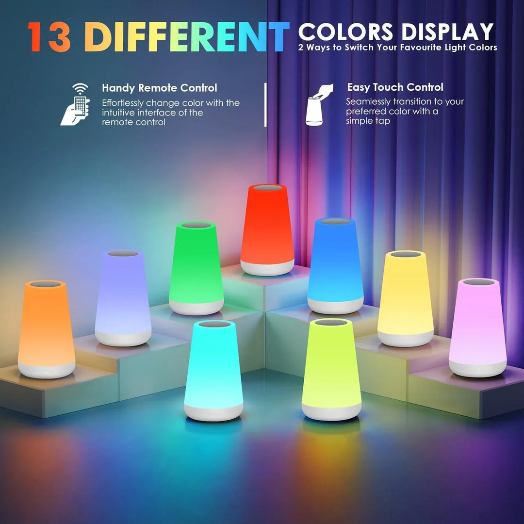 Cordless RGB LED night lamp for modern home decor, featuring intuitive touch control & USB charging.