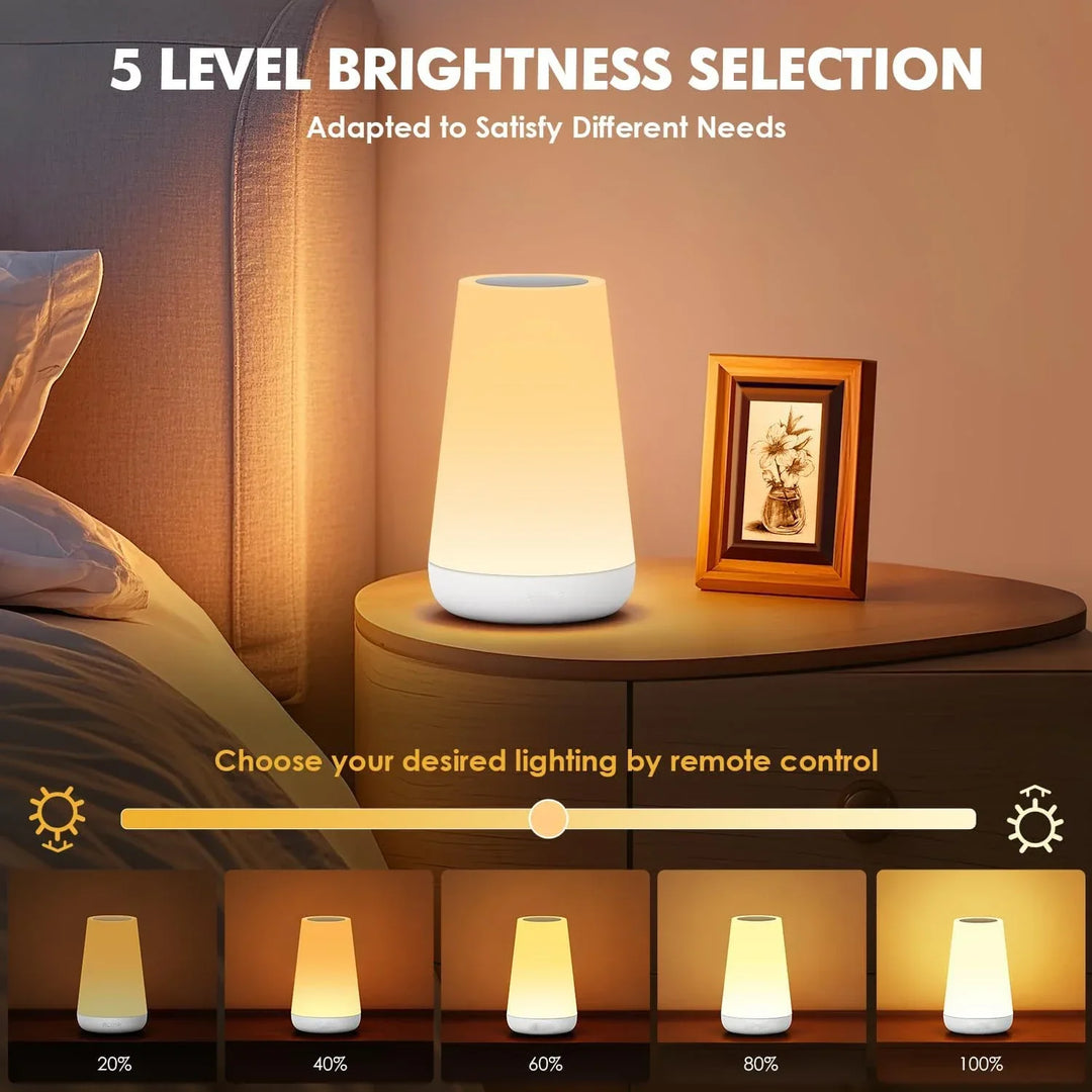 Compact LED night light with touch dimmer, USB charging, ideal for bedside tables and versatile use.