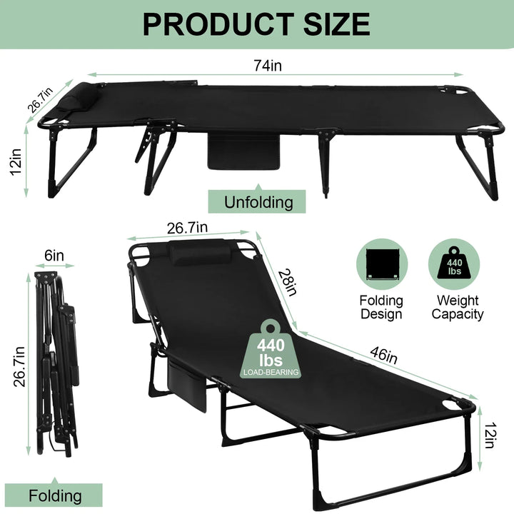 Folding portable outdoor cot doubles as a beach chair or sun lounger with adjustable recliner and pillow.