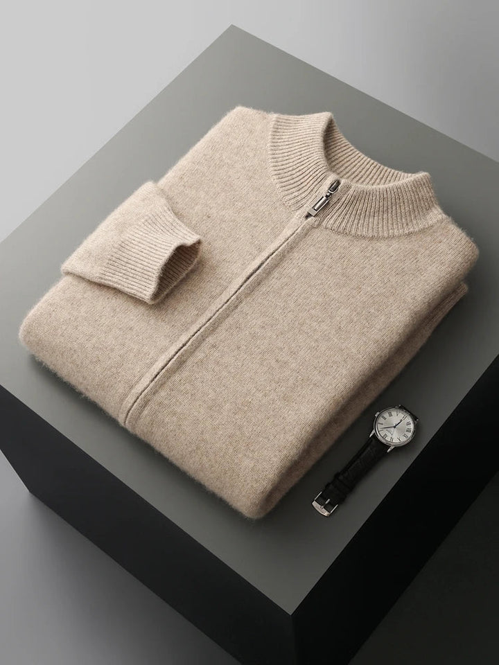 Neatly folded men's zip-front cardigan sweater, ready for casual or smart casual layering & comfort.