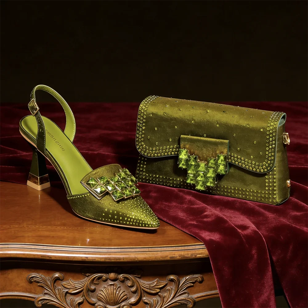 Luxurious crystal-embellished clutch bag paired with elegant women's pumps for wedding guests.