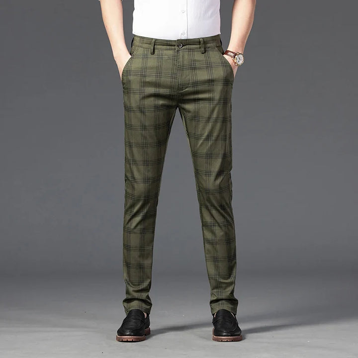 Classic men's blue & grey plaid slim fit dress trousers, versatile for a sophisticated men's fashion look.