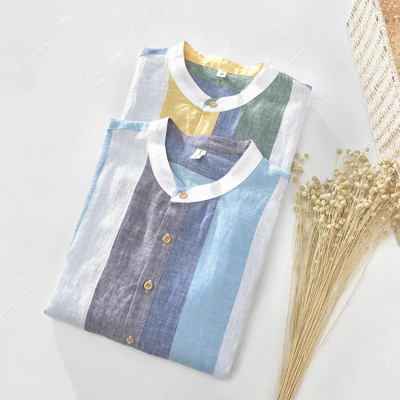 Men's casual summer button-down shirt, Santorini inspired. Lightweight beachwear & resort wear for vacation outfits.