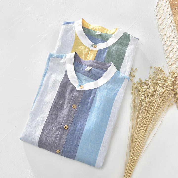 Men's casual summer button-down shirt, Santorini inspired. Lightweight beachwear & resort wear for vacation outfits.