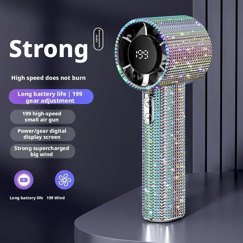 Portable Turbo Misting Fan, compact and handheld, ideal for travel, camping, or outdoor cooling on the go.
