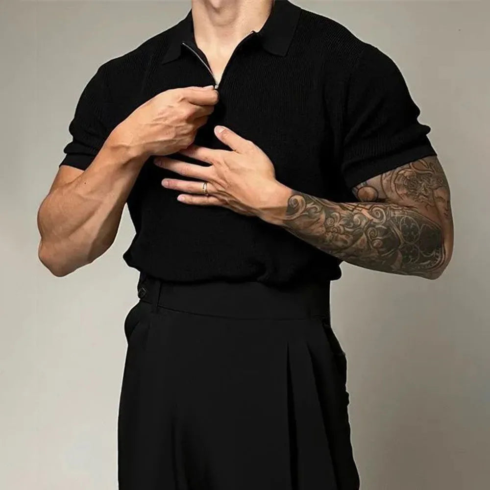 Modern men's zip-up polo, comfortable knit fabric and tailored slim fit. Perfect for a sharp casual outfit.