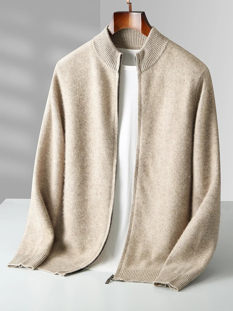 Comfortable men's long sleeve zip-front cardigan sweater, perfect for everyday wear & easy layering.