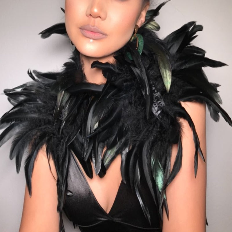 Bold feather shoulder accessory, ideal for dramatic unisex cosplay, festival outfits, and statement party wear.