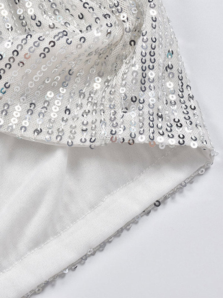 Sparkly women's sequin shorts. Shimmering silver bottoms, ideal for party, festival, or night out.