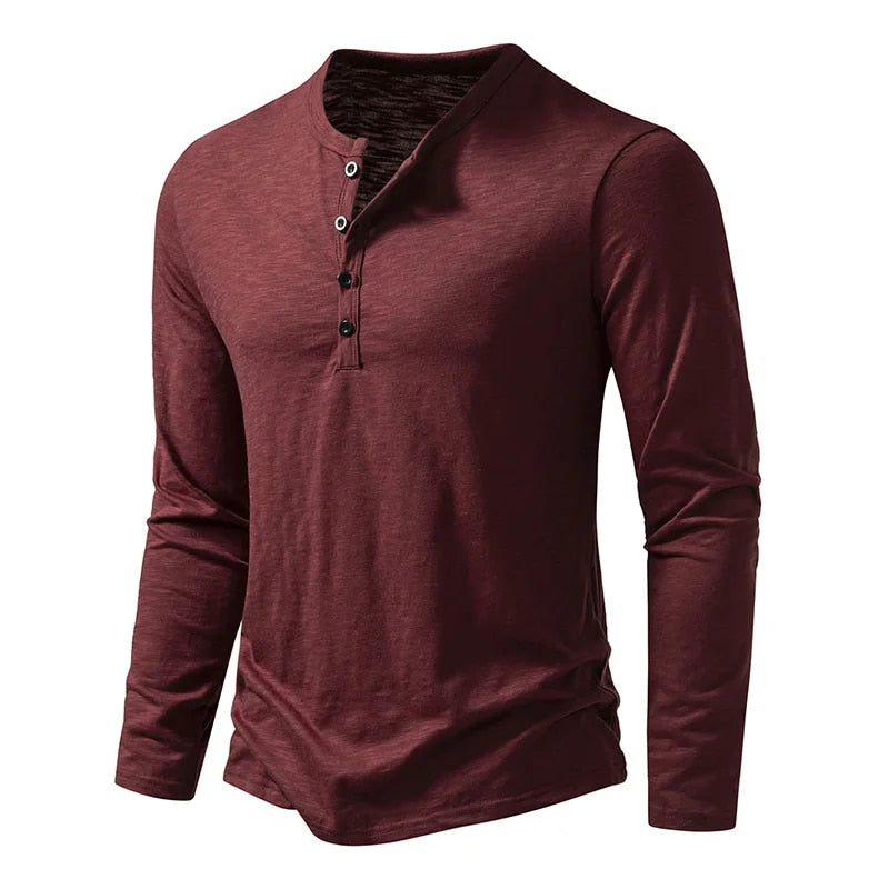 Men's long sleeve henley shirt cuff detail. Slim fit, classic everyday casual wear.