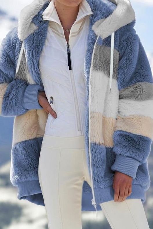 Chic women's oversized striped faux fur hooded jacket. Perfect for fall & winter statement style.