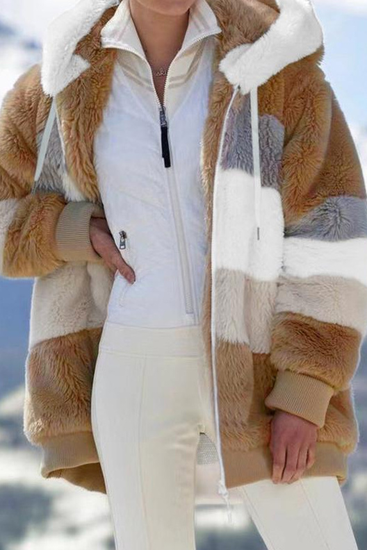 Cozy women's oversized striped teddy jacket. Faux fur with hood, ideal warm winter outerwear.