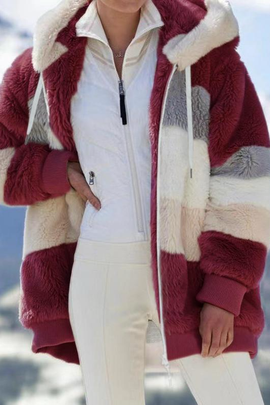 Striped faux fur hooded teddy jacket for women. Oversized fit, warm & chic winter fashion coat.