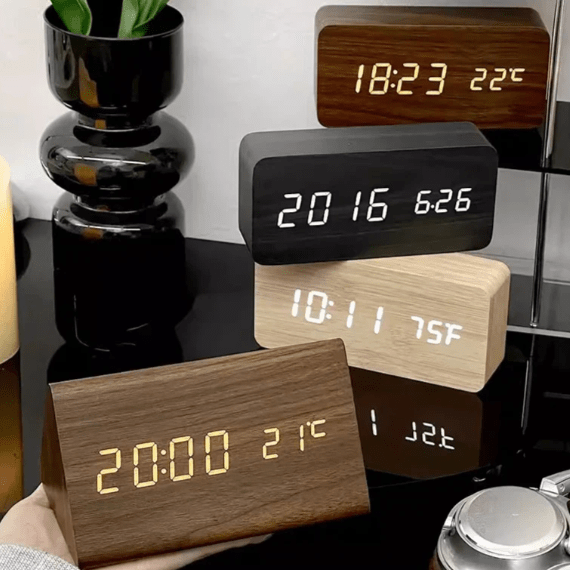 Smart LED wooden clock with voice control, stylish modern digital display.