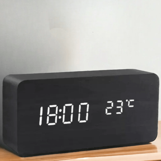 Beautiful wooden LED clock, voice-activated, perfect for any desk.
